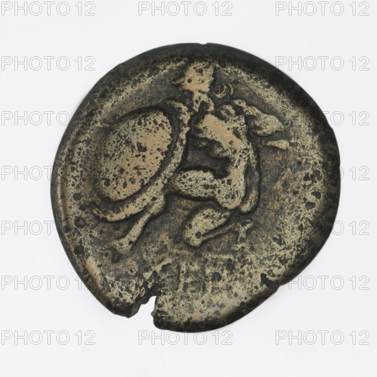 Bronze coin, 350–330 BC, Chersonesos (Chersonesos Taurica). Obverse: Artemis (Deva) on a quadriga to the right, a torch in her raised right hand. Reverse: naked warrior kneeling to the left, a round shield in his left hand, a spear horizontally in his right hand, a helmet on his head; letter M in the right field, inscription XEP (cut-off). Coin; weight 6.05 g; axis 300°; dimensions 20.2 mm × 19.6 mm.