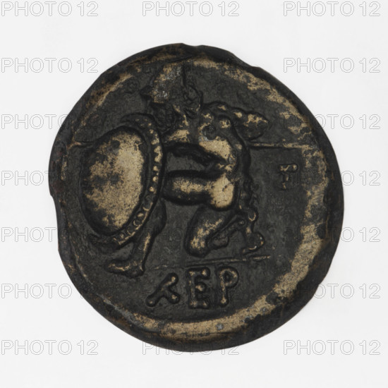 bronze coin, Chersonesos, warriors, kneeling warrior (iconographic), Artemis on a quadriga (iconographic), Artemis (mythology), Black Sea, quadriga (iconographic), carts, torch (attribute), aw: Artemis (Deva) on a quadriga to the right, torch in raised right hand; rw: naked warrior kneeling to the left, round shield in left hand, spear in right hand horizontally, helmet on head, letter in right field, incised inscription XEP;, 350–330 BC, Chersonesos Taurica (Chersonesos), coin, weight 6.63 g, dimension 1 20.2 mm, dimension 2 20 mm