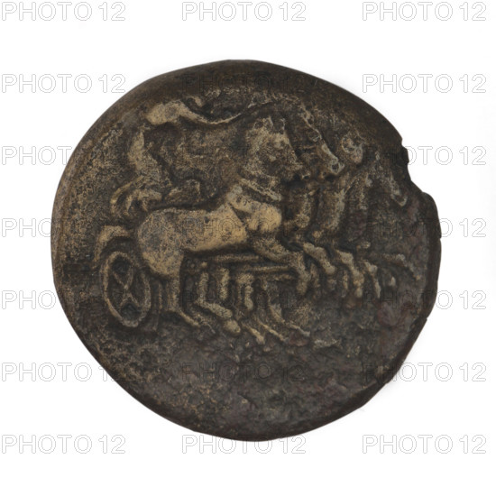Bronze coin, Chersonesos; Artemis on a quadriga (iconographic); warriors; kneeling warrior (iconographic); Artemis (mythological); quadriga (iconographic); Black Sea; aw: Artemis (Deva) on a quadriga to the right, a torch in the raised right hand; rw: naked warrior kneeling to the left, a round shield in the left hand, a spear horizontally in the right hand, a helmet on the head, an erased letter in the right field, the inscription XEP in the cut-off; 350–330 BC; Chersonesos Taurica (Chersonesos); coin; weight 5.25 g; axis 150°; diameter 20.8 mm × 20.4 mm