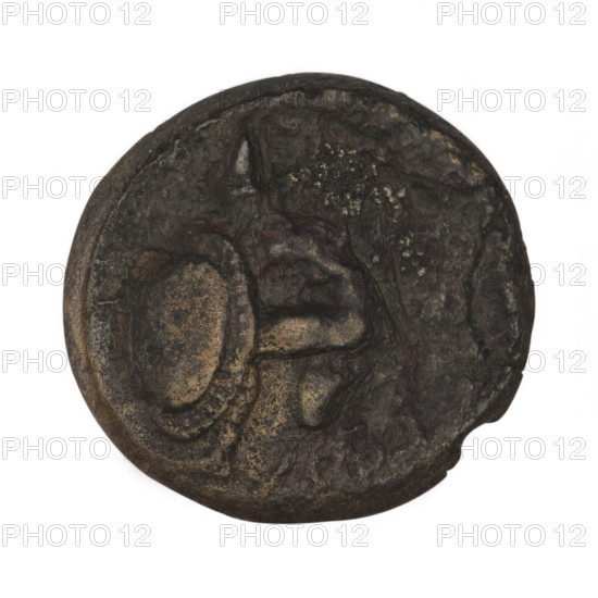 bronze coin, Chersonesos, Artemis on a quadriga (iconographic), warriors, kneeling warrior (iconographic), Artemis (mythological), quadriga (iconographic), Black Sea, carts, torch (attribute), aw: Artemis (Deva) on a quadriga to the right, a torch in the raised right hand; rw: naked warrior kneeling to the left, a round shield in the left hand, a spear horizontally in the right hand, a helmet on the head, an erased letter in the right field, the inscription XEP in the cut-off; 350–330 BC, Chersonesos Taurica, coin, weight 5.25 g, axis 150 degrees, dimension 1 20.8 mm, dimension 2 20.4 mm