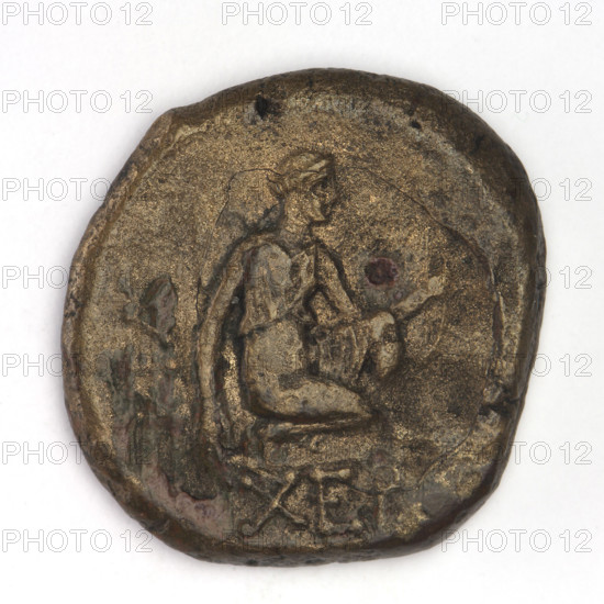 Bronze coin, Chersonesos; obverse: eagle-headed griffin to the left; reverse: Artemis (Deva) kneeling on her right knee to the right, bow in her left hand, inscription KPA on the left, XEP in the cut-off; subject: griffins, Kneeling Artemis, Artemis (mythology); Black Sea; date: 330–320 BC; mint: Chersonesos Taurica; material: bronze; type: coin; weight: 9.15 g; axis: 30°; dimensions: 23.1 × 23.3 mm; maker: Choynowski, Józef (1833–ca.1915)