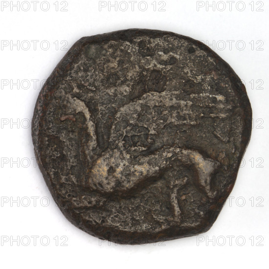 bronze coin, Chersonesos, Artemis kneeling, griffins, Artemis (mythology), Black Sea, Artemis with a bow, obverse: eagle-headed griffin to the left; reverse: Artemis kneeling on her right knee to the right, bow in her left hand, inscription on the left reading XEP, 330–320 BC, Chersonesos (Chersonesos Taurica), coin, weight 9.69 g, axis 210°, diameter ~22.2–22.5 mm