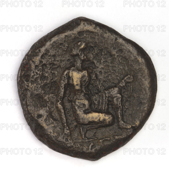 bronze coin, Chersonesos, Artemis kneeling, griffins, Artemis with a bow, eagle-headed griffin to the left; reverse: Artemis (Deva) kneeling on her right knee to the right, bow in her left hand, inscription on the left in the field XEP; 330–320 BC, Chersonesos (Chersonesos Taurica), coin, weight 9.69 g, axis 210°, dimensions 22.2 × 22.5 mm