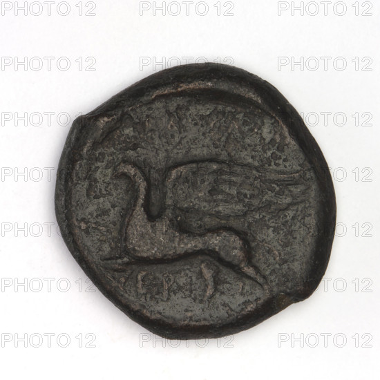 bronze coin, Chersonesos; depiction: Artemis (kneeling on right knee to the right, bow in left hand) with bow and arrow; reverse: eagle-headed griffin to the left; inscriptions: official's name at the top, XEP at the bottom; subject: griffins, Artemis (mythology), Black Sea; maker/date: 320–310 BC; find/place: Chersonesos (Chersonesos Taurica); material: bronze; weight 7.40 g; axis 270°; dimensions: 21 mm × 20.5 mm