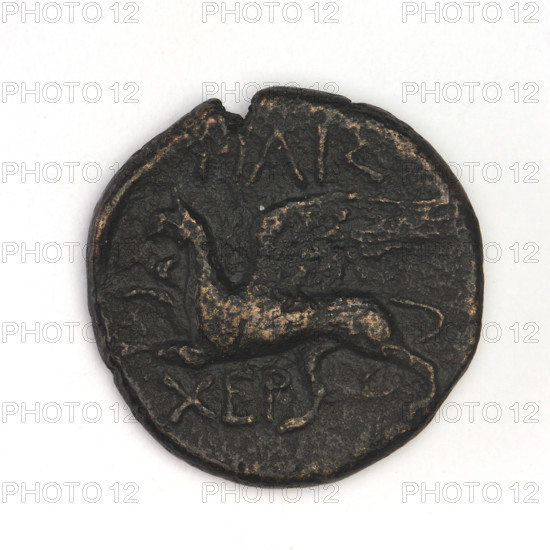 bronze coin, Chersonesos, griffins, kneeling Artemis, Artemis (mythology), Black Sea, Artemis with bow and arrow, Artemis (Deva) kneeling on right knee to the right, bow in left hand; reverse: eagle-headed griffin to the left, official's name at the top, XEP at the bottom; 320–310 BC, Chersonesos (Chersonesos Taurica), coin, weight 5.90 g, axis 120°, diameter ~20.4 mm x 20.2 mm, maker: Terlecki, Ignatius (1860–1916)