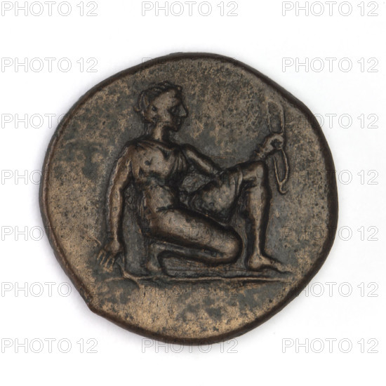Bronze coin, Chersonesos; obverse: Artemis (kneeling on right knee, facing right) with bow in left hand; reverse: eagle-headed griffin facing left, official's name at top, XEP at bottom. Subject: griffins; kneeling Artemis; Artemis with bow and arrow. Date: 320–310 BC. Place: Chersonesos (Chersonesos Taurica), Black Sea. Material: bronze. Function: coin. Weight: 7.50 g. Axis: 300°. Dimensions: 21.1 mm × 21.5 mm. Inscriptions: XEP and official's name. Provenance noted; restitution noted.