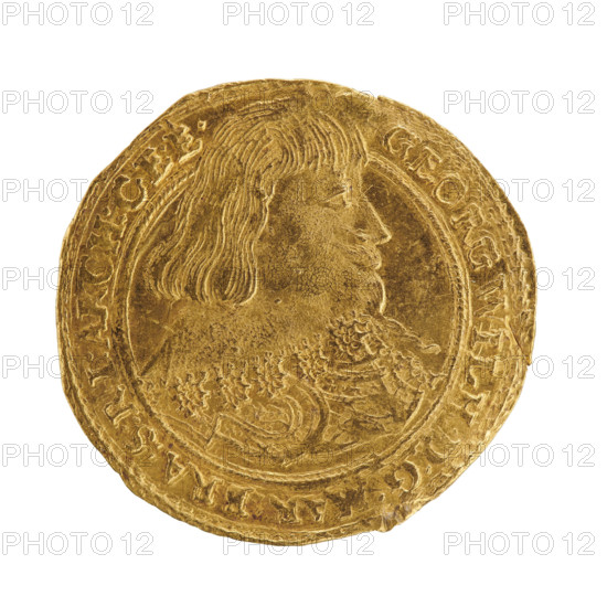 Ducat, Koch, David. Obverse: male bust facing right with a beard and long hair, in decorative armour and a decorative collar; the figure's head divides the inner border and the rim. Rim inscription: GEORG WILH:D:G, BRA:S:RI:ARCH:CE.E. Reverse: under a ducal mitre a nine-field coat of arms shield, flanked by the date numerals 16 - 39; under the shield divided D - K. Rim inscription divided by the mitre: MONE: NOVA AUREA DUCIS PRUSSI, 1639. George William Hohenzollern (Elector of Brandenburg; Duke of Prussia; 1620–1640) — iconography. Ducal Prussia (1525–1701), Königsberg. Coin: diameter 23.2 mm (other measurement 25.2 mm), weight 3.46 g, axis 160°.