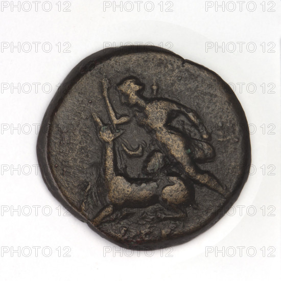bronze coin, Chersonesos, bulls, Artemis killing a doe (iconographic), quivers, clubs, Black Sea, animals, Artemis (mythology), weapons (iconographic), armament (iconographic), Artemis with a bow (iconographic), bows (armed), aw: Artemis (Deva) to the left thrusting a spear into a doe kneeling to the left, a bow in her left hand, at the bottom the inscription XEP rw: a bull on a club charging to the left, an inscription below it, below it a bow and quiver, 300–290 BC, Chersonesos (Chersonesos Taurica), coin, weight 5.90 g, dimension 1 19.6 mm, dimension 2 20.3 mm