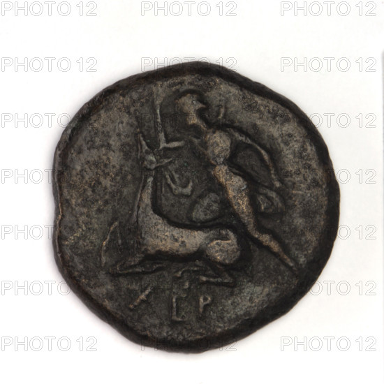 bronze coin, Chersonesos, bulls, Artemis killing a doe (iconographic), quivers, clubs, Black Sea, animals, Artemis (mythology), weapons (iconographic), armament (iconographic), Artemis with a bow (iconographic), bows (armed), aw: Artemis (Deva) to the left thrusting a spear into a doe kneeling to the left, a bow in her left hand, at the bottom the inscription XEP rw: a bull on a club charging to the left, an inscription below it, below it a bow and quiver, 300–290 BC, Chersonesos (Chersonesos Taurica), coin, weight 5.88 g, axis 180 degrees, dimension 1 21.1 mm, dimension 2 20.8 mm