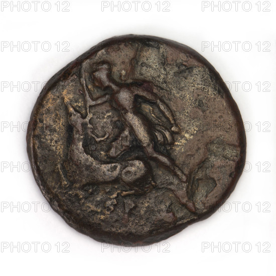 Bronze coin, Chersonesos, 300–290 BC. Obverse: Artemis (Deva) to the left thrusting a spear into a kneeling doe, a bow in her left hand; inscription XEP rw at the bottom. Reverse: a bull charging left toward a club, an inscription below, with a bow and a quiver beneath. Iconography: Artemis killing a doe; bulls; quivers; clubs; bows and armament. Chersonesos Taurica. Coin; weight 6.37 g; axes 270°; dimensions 21.4 × 22.1 mm.