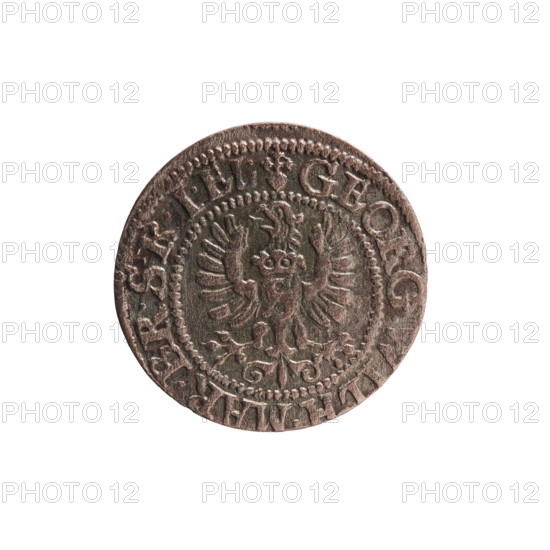 szelag, Ernest Pfahler, 1627, Ducal Prussia (1525–1701), Königsberg. Coin (szelag), diameter 16.2 mm, weight 0.62 g, axis 0°. Obverse: Prussian eagle with crowned letter S on its chest; rim inscription beginning with a heart and reading GEORG.WILH.MAR.BR.SRIEL. Reverse: monogram composed of the letters GW; rim inscription divided by the Hohenzollern coat of arms +SOLIDVS.PR - VSSIAE.1627. Motifs: Hohenzollern coat of arms, eagles, rosettes.