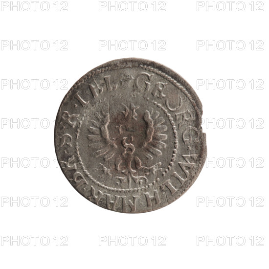 szelag, George William Hohenzollern (Elector of Brandenburg; Prince of Prussia; 1620–1640), Obv. Prussian eagle, on its chest the crowned letter S; in the rim between the borders an inscription beginning with a heart — GEORG.WILH.MAR.BR.SRIEL. Rev. Monogram composed of the letters GW; in the rim between the borders an inscription beginning with a rosette, divided by the Hohenzollern coat of arms SOLIDVS.PR - VSSIAE.1629; 1629; Ducal Prussia (1525–1701), Königsberg; coin (szelag); diameter 16.4 mm; weight 0.61 g; axis 0 degrees; motifs: eagles, Hohenzollern (coat of arms), rosettes.