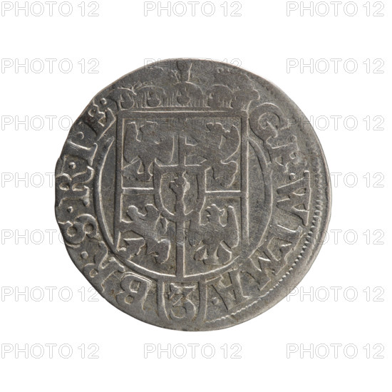 one-and-a-half, Ernest Pfahler (1870-1927), George William of Hohenzollern (Elector of Brandenburg; Duke of Prussia; 1620-1640), cross (iconographic), orb of rule (iconographic), coats of arms. Obv.: Under the ducal mitre a five-field coat of arms; below in the shield the value numeral 3. In the rim between the rims an inscription divided by the mitre and the value numeral GE.WI.MA. - BR.SRIE. Reverse: Royal orb with a cross with arms terminating in finials. In the lower part of the apple, the value numerals 24. On the sides of the cross, the date numerals 2 - 5. In the rim between the rims, an inscription divided by a cross and a heart below the apple: MONE.NO - DVC.PRVS., 1625. Ducal Prussia (1525-1701), Königsberg; coin; diameter 19.4 mm; weight 1.09 g; axis 220 degrees.