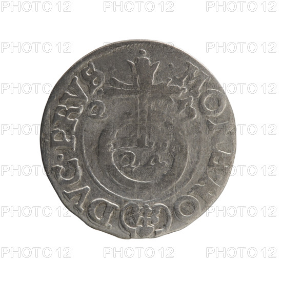 one-and-a-half, Ernest Pfahler (1870-1927), George William of Hohenzollern (Elector of Brandenburg; Duke of Prussia; 1620-1640), cross (iconographic), orb of rule (iconographic), coats of arms. Obverse: Under the ducal mitre a five-field coat of arms; below in the shield the value numeral 3. In the rim between the rims an inscription divided by the mitre and the value numeral GE.WI.MA. - BR.SRIE. Reverse: Royal orb with a cross with arms terminating in finials; in the lower part of the apple, the value numerals 24; on the sides of the cross, the date numerals 2 - 5. In the rim between the rims, an inscription divided by a cross and a heart below the apple: MONE.NO - DVC.PRVS., 1625. Ducal Prussia (1525-1701), Königsberg; coin; diameter 19.4 mm; weight 1.09 g; axis 220 degrees.