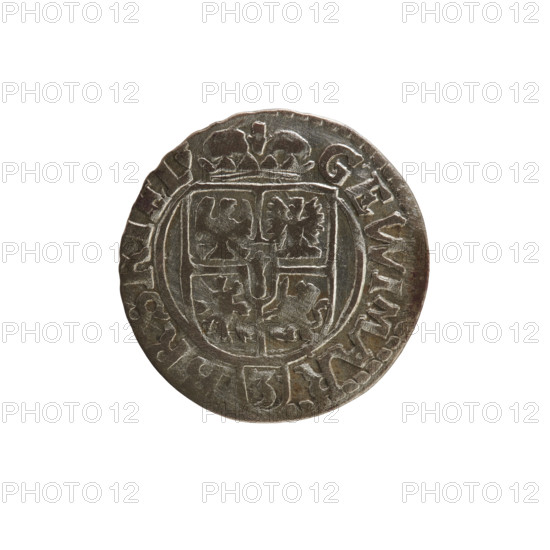 one-and-a-half; cross (iconographic); orb of reign (iconographic); George William Hohenzollern (Elector of Brandenburg; Duke of Prussia; 1620–1640); coats of arms. Obv.: under the ducal mitre a five-field coat of arms, below in the shield a value numeral 3. In the rim between the borders an inscription divided by the mitre and the value numeral GEWIMAR -, RSRIEL-. Rv.: royal orb with a cross with arms ending in finials; in the lower part of the apple, the numerals of the value 24; on the sides of the cross, the date numerals 2 - 4; in the rim between the borders, an inscription divided by a cross and ending with a heart MONENOVADVC.PRVS -, 1624. Ducal Prussia (1525–1701), Königsberg; coin; diameter 19.4 mm; weight 1.04 g; axis 320°.