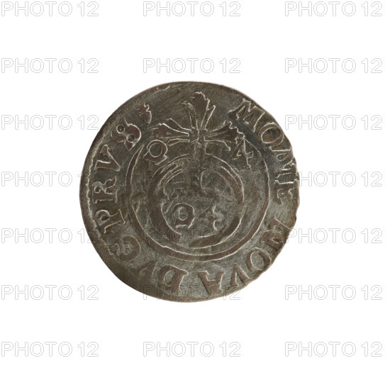 one-and-a-half, cross (iconographic), orb of reign (iconographic), George William Hohenzollern (Elector of Brandenburg; Duke of Prussia; 1620–1640), coats of arms. Obv.: under the ducal mitre a five-field coat of arms; below in the shield a value numeral 3. In the rim between the borders an inscription divided by the mitre and the value numeral GEWIMAR -, RSRIEL- Rw. Rev.: royal orb with a cross with arms ending in finials; in the lower part of the apple, the numerals of the value 24; on the sides of the cross, the date numerals 2 - 4. In the rim between the borders, an inscription divided by a cross and ending with a heart MONENOVADVC.PRVS -, 1624. Ducal Prussia (1525–1701), Königsberg; coin. Diameter 19.4 mm, weight 1.04 g, axis 320°.