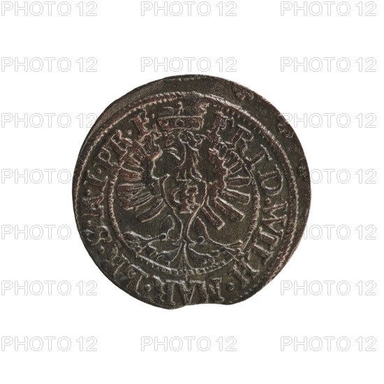 szelag; Frederick William I Hohenzollern (Great Elector of Brandenburg; Prince of Prussia; 1620–1688); 1653; Ducal Prussia (1525–1701), Königsberg; coin (szelag), diameter 15.6 mm, weight 0.59 g, axis 0°. WQXBCFS
I:\nmw crop ready cleaned\Obv.: Prussian eagle with a chest monogram composed of the letters IC; rim between pearl borders bears an inscription beginning with a princely mitre FRID.WILH.MAR.BR.SRIPR.E. WQXBCFS
I:\nmw crop ready cleaned\Rev.: monogram composed of the letters FW separating the inner border; rim inscription beginning with a stylized cross, divided by the Hohenzollern coat of arms +SOLIDUS.PR - USSIAE.1653.