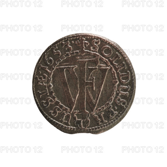 szelag, Frederick William I Hohenzollern (Great Elector of Brandenburg; Prince of Prussia; 1620–1688). Obverse: Prussian eagle with a monogram composed of the letters IC on its chest; on the rim between pearl borders an inscription beginning with a princely mitre FRID.WILH.MAR.BR.SRIPR.E. Reverse: monogram composed of the letters FW separating the inner border; in the rim an inscription beginning with a stylized cross, divided by the Hohenzollern coat of arms +SOLIDUS.PR - USSIAE.1653. 1653. Ducal Prussia (1525–1701), Königsberg. Coin: diameter 15.6 mm, weight 0.59 g, axis 0°.