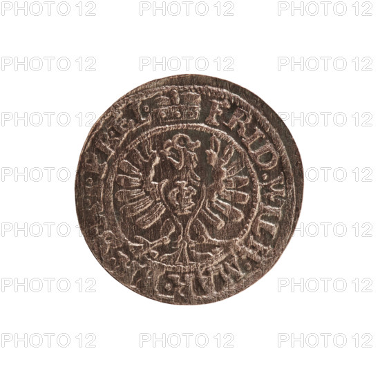 szelag; eagles; cross (iconographic); Frederick William I Hohenzollern (Great Elector of Brandenburg; Prince of Prussia; 1620–1688); Hohenzollern (coat of arms). Obverse: Prussian eagle, on its chest a monogram composed of the letters IC; on the rim, between pearl borders, an inscription beginning with a princely mitre FRID.WILH.MAR.BR.SRIPR.EL. Reverse: monogram composed of the letters FW; in the rim an inscription beginning with a stylized cross, divided by the Hohenzollern coat of arms +SOLIDUS.PR - USSI, 1654. Date: 1654. Place: Ducal Prussia (1525–1701), Königsberg. Object: coin (szelag); diameter 15.3 mm; weight 0.55 g; axis 0°.
