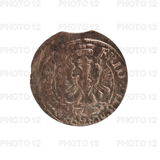 szelag; eagles; cross (iconographic); Frederick William I Hohenzollern (Great Elector of Brandenburg; Prince of Prussia; 1620–1688); Hohenzollern (coat of arms). Obverse: Prussian eagle with monogram on its chest composed of the letters IC. Rim inscription between pearl borders beginning with a princely mitre FRID, ILH.MAR.B, ., IP, Rw. Monogram composed of the letters FW. Reverse rim inscription beginning with a stylized cross, divided by the Hohenzollern coat of arms: +SOLIDUS.PR - USSI, 4., 1654. Ducal Prussia (1525–1701), Königsberg. Coin; diameter 15.3 mm; weight 0.35 g; axis 0°.