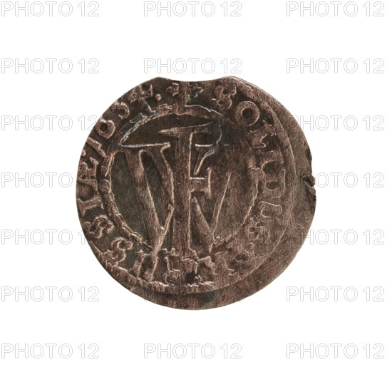 szelag, eagles, cross (iconographic), Frederick William I Hohenzollern (Great Elector of Brandenburg; Prince of Prussia; 1620-1688), Hohenzollern (coat of arms). Obv.: Prussian eagle, on its chest a monogram composed of the letters IC. On the rim, between the pearl borders, an inscription beginning with a princely mitre FRID, ILH.MAR.B. . IP, Rw. Monogram composed of the letters FW. In the rim an inscription beginning with a stylized cross, divided by the Hohenzollern coat of arms +SOLIDUS.PR - USSI, 4., 1654. Ducal Prussia (1525–1701), Königsberg. Coin: diameter 15.3 mm, weight 0.35 g, axis 0 degrees.