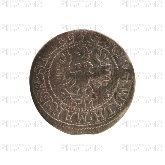 szelag; Ernest Pfahler; obverse: Prussian eagle with crowned letter S on its chest; reverse: monogram composed of the letters GW; rim inscriptions beginning with a heart/hallmark GEORG.WILH.MAR.BR.SR, EL and beginning with a rosette, divided by the Hohenzollern coat of arms SOLIDVS.PR - VSSIAE.1627.; dated 1627, Königsberg, Ducal Prussia (1525–1701); Hohenzollern coat of arms; eagles; rosettes; coin; diameter 16.3 mm; weight 0.52 g; axis 0°