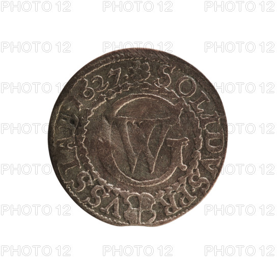 szelag, Pfahler, Ernest; George William Hohenzollern (Elector of Brandenburg; Prince of Prussia; 1620–1640); obverse: Prussian eagle with crowned letter S on its chest; rim inscription beginning with a heart: GEORG.WILH.MAR.BR.SR, EL; reverse: monogram composed of the letters GW; rim inscription beginning with a rosette, divided by the Hohenzollern coat of arms: SOLIDVS.PR - VSSIAE.1627.; 1627; Königsberg, Ducal Prussia (1525–1701); coin; diameter 16.3 mm; weight 0.52 g; axis 0°
