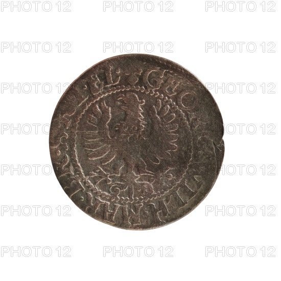 Szelag coin, 1627. Obverse: Prussian eagle with crowned letter S on its chest; rim inscription beginning with a heart and hallmark GEOR, ILH.MAR., I.EL. Reverse: monogram composed of letters GW; rim inscription beginning with a rosette, divided by the Hohenzollern coat of arms SOLI, - VSSIAE.1627. Ducal Prussia (1525–1701), Königsberg. Coin; diameter 15.9 mm, weight 0.57 g, axis 0°. Makers/subjects: George William Hohenzollern (Elector of Brandenburg; Prince of Prussia; 1620–1640); Hohenzollern coat of arms, rosettes, eagles.