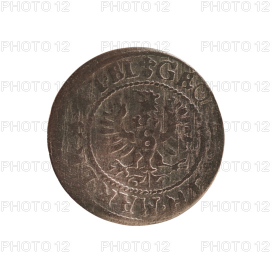 szelag; maker: Ernest Pfahler; material: coin; denomination: szelag; obverse: Prussian eagle with a crowned letter S on its chest, rim inscription beginning with a heart - the hallmark GEO, .MAR., I.EL.; reverse: monogram composed of the letters GW and a rim inscription beginning with a rosette, divided by the Hohenzollern coat of arms SO, PR - VS, 1629; motifs: eagles, rosettes, Hohenzollern coat of arms; ruler: George William Hohenzollern (Elector of Brandenburg; Prince of Prussia; reign 1620–1640); date: 1629; place: Ducal Prussia, Königsberg; measurements: diameter 16.4 mm, weight 0.51 g, axis 0°.