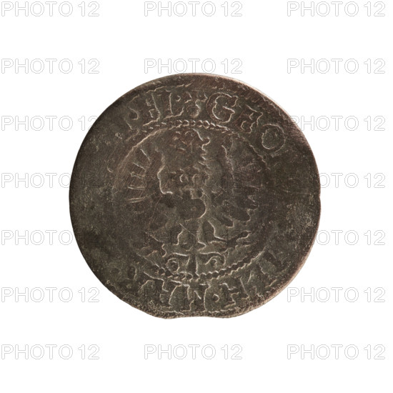 szelag; obverse: Prussian eagle with a crowned letter S on its chest; reverse: monogram composed of the letters GW; rim inscriptions beginning with a heart (hallmark GEO, ILH.MAR., I.EL.) on obverse and beginning with a rosette, divided by the Hohenzollern coat of arms, reading OL, PR - VSSI, 633 on reverse; Hohenzollern (coat of arms); George William Hohenzollern (Elector of Brandenburg; Prince of Prussia; 1620–1640); dated 1633; struck in Königsberg, Ducal Prussia (1525–1701); coin; diameter 16.2 mm; weight 0.46 g; axis 0 degrees.