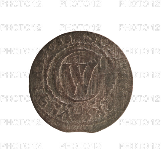 szelag; maker: Pfahler, Ernest; subject: eagles, rosettes, Hohenzollern (coat of arms); ruler: George William Hohenzollern (Elector of Brandenburg; Prince of Prussia; 1620–1640); obverse: Prussian eagle, on its chest a crowned letter S; rim inscription beginning with a heart - the hallmark GEO, ILH.MAR., I.EL.; reverse: monogram composed of the letters GW; rim inscription beginning with a rosette, divided by the Hohenzollern coat of arms, OL, PR - VSSI; date: 1633; mint: Königsberg, Ducal Prussia (1525–1701); object type: coin; diameter: 16.2 mm; weight: 0.46 g; axis: 0°
