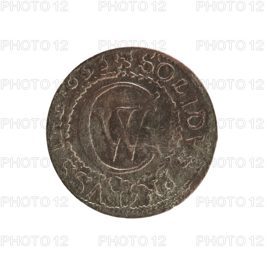 szelag; Obverse: Prussian eagle; in the rim between the borders an inscription beginning with a heart — hallmark GEORG.WILH.MAR.BR.; Reverse: monogram composed of the letters GW; in the rim between the borders an inscription beginning with a rosette, divided by the Hohenzollern coat of arms SOLID - VSS 33 1633; eagles; Hohenzollern (coat of arms); George William Hohenzollern (Elector of Brandenburg; Duke of Prussia; 1620–1640); Ducal Prussia (1525–1701), Königsberg; coin; diameter 16.0 mm; weight 0.45 g; axis 0°