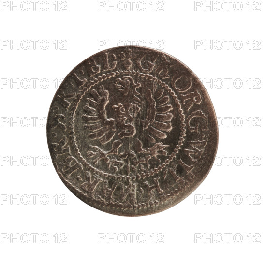 szelag, eagles, Hohenzollern (coat of arms), George William Hohenzollern (Elector of Brandenburg; Duke of Prussia; 1620–1640), rosettes. Obv.: Prussian eagle, on its chest the crowned letter S; in the rim between the borders an inscription beginning with a heart — GEORG.WILH.MAR.BR., I.EL. Rev.: monogram composed of the letters GW; in the rim between the borders an inscription beginning with a rosette, divided by the Hohenzollern coat of arms: SOLIDVS.PR — VSSIAE. 1633. Ducal Prussia (1525–1701), Königsberg. Coin; diameter 16.3 mm; weight 0.57 g; axis 0°.