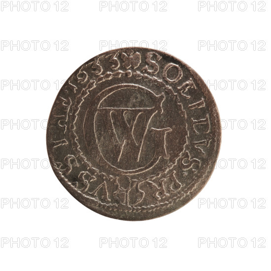 szelag; obverse: Prussian eagle with crowned letter S on its chest; rim inscription beginning with a heart — GEORG.WILH.MAR.BR., I.EL.; reverse: monogram composed of the letters GW; rim inscription beginning with a rosette, divided by the Hohenzollern coat of arms SOLIDVS.PR - VSSIAE.1633; 1633; Ducal Prussia (1525–1701), Königsberg; coin; diameter 16.3 mm; weight 0.57 g; axis 0°; motifs: eagles, Hohenzollern coat of arms, rosettes; George William Hohenzollern (Elector of Brandenburg; Duke of Prussia; r. 1620–1640).