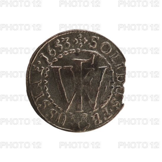 szelag, Frederick William I Hohenzollern (Great Elector of Brandenburg; Prince of Prussia; 1620-1688), cross (iconographic), eagles, Hohenzollern (coat of arms). Obverse: Prussian eagle with a monogram composed of the letters IC on its chest; rim between the pearl borders inscription ILH.MAR.BR. Reverse: monogram composed of the letters FW separating the inner border; rim inscription beginning with a stylized cross, divided by the Hohenzollern coat of arms +SOLIDUS.PR - USSIAE.1653. Date: 1653, place: Königsberg, Ducal Prussia (1525–1701). Object: coin (szelag), diameter 16.2 mm, weight 0.64 g, axis 0 degrees.