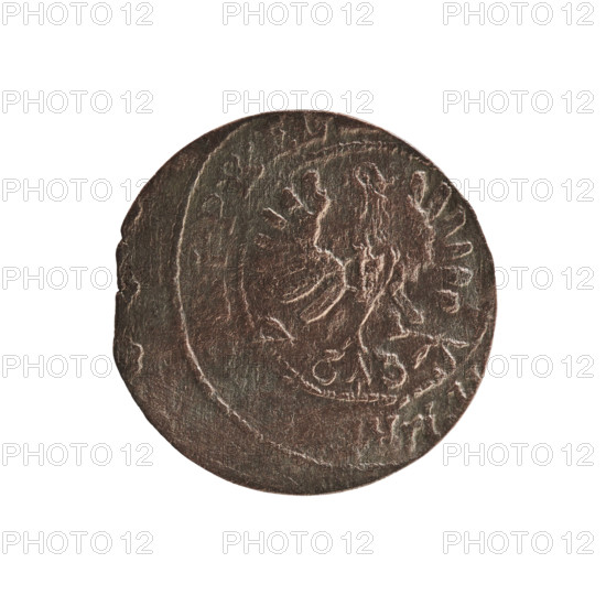 szelag; Frederick William I Hohenzollern (Great Elector of Brandenburg; Prince of Prussia; 1620–1688); Obv. Prussian eagle, on its chest a monogram composed of the letters IC; in the rim between the borders the inscription M. I.PR.EL. Rw.; a monogram composed of the letters FW separating the inner border; in the rim an inscription beginning with a stylized cross, divided by the Hohenzollern coat of arms +SOLIDUS.PR - USSIAE.1653; dated 1653; Ducal Prussia (1525–1701), Königsberg; coin; diameter 16.3 mm; weight 0.56 g; axis 0°