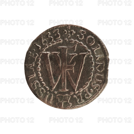 szelag; Frederick William I Hohenzollern (Great Elector of Brandenburg; Prince of Prussia; 1620–1688); Obv.: Prussian eagle with monogram composed of the letters IC on its chest; rim inscription between borders: M. I.PR.EL. Rw.; monogram FW separating the inner border; rim inscription beginning with a stylized cross, divided by the Hohenzollern coat of arms: +SOLIDUS.PR - USSIAE.1653; dated 1653; Ducal Prussia (1525–1701), Königsberg; coin; diameter 16.3 mm; weight 0.56 g; axis 0°.