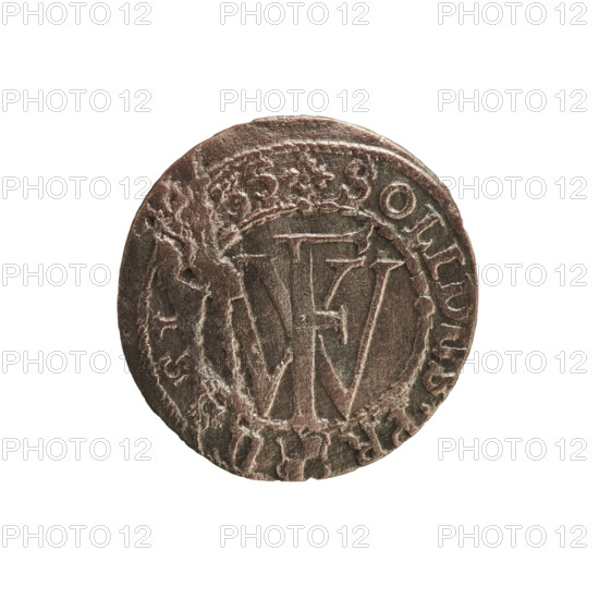 szelag, Krzysztof (Christoph) Melchior; eagles; Frederick William I Hohenzollern (Great Elector of Brandenburg; Prince of Prussia; 1620–1688); cross (iconographic); Hohenzollern (coat of arms). Obverse: Prussian eagle, on its chest a monogram composed of the letters IC. In the rim, between the borders, an inscription beginning with a ducal mitre: D. H.MAR.BR.SRIP. Reverse: Monogram composed of the letters FW. In the rim between the borders an inscription beginning with a stylized cross, divided by the Hohenzollern coat of arms: +SOLIDUS.PR -. 55; 1655. Ducal Prussia (1525–1701), Königsberg. Coin. Diameter 15.5 mm; weight 0.55 g; axis 0 degrees.