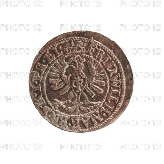 szelag, Frederick William I Hohenzollern (Great Elector of Brandenburg; Prince of Prussia; 1620–1688), cross (iconographic), eagles, Hohenzollern (coat of arms). Obv.: Prussian eagle bearing on its chest a monogram composed of the letters IC; on the rim, between pearl borders, an inscription beginning with a ducal mitre FRID.WILH.MAR.BR.SRIPR.EL. Rev.: monogram composed of the letters FW; in the rim between the borders an inscription beginning with a stylized cross, divided by the Hohenzollern coat of arms +S.PR - USSIAE.1654. 1654, Ducal Prussia (1525–1701), Königsberg; coin; diameter 16.1 mm; weight 0.56 g; axis 0°.