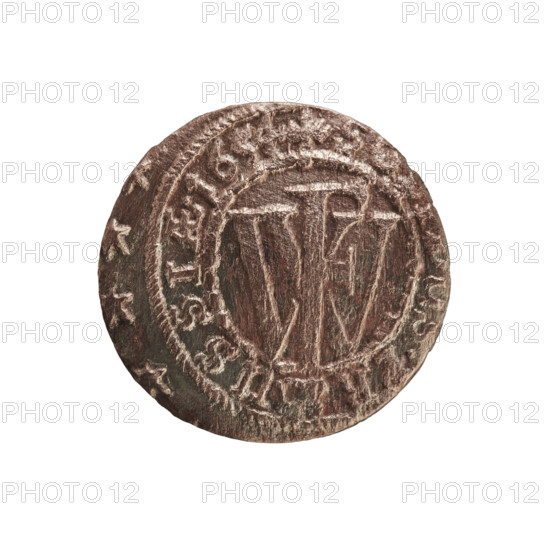 szelag, Frederick William I Hohenzollern (Great Elector of Brandenburg; Prince of Prussia; 1620–1688), cross (iconographic), eagles, Hohenzollern (coat of arms). Obverse: Prussian eagle, on its chest a monogram composed of the letters IC; on the rim, between the pearl borders, an inscription beginning with a ducal mitre FRID.WILH.MAR.BR.SRIPR.EL. Reverse: monogram composed of the letters FW; in the rim between the borders an inscription beginning with a stylized cross, divided by the Hohenzollern coat of arms +S.PR - USSIAE.1654. Date: 1654. Place: Ducal Prussia (1525–1701), Königsberg. Coin: diameter 16.1 mm, weight 0.56 g, axis 0 degrees.