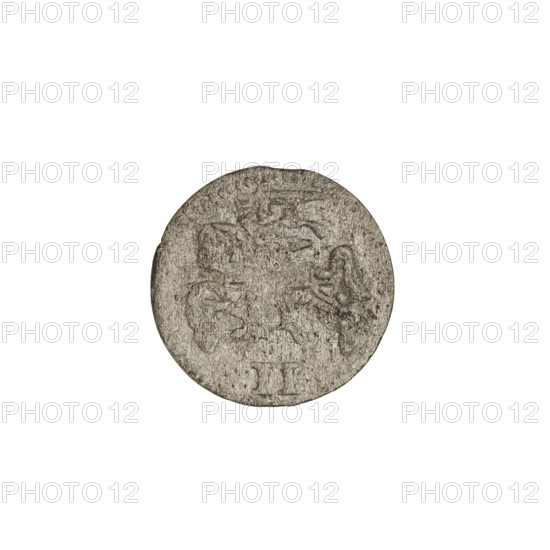 2 denarii, Gotard Kettler (Duke of Courland and Semigallia; 1561–1587), Kettler family, monogram under a crown, Kettler coat of arms (cauldron hook), monograms, Pogon coat of arms, emblems. Obverse: in the border a crowned monogram composed of the letters SR, beneath which is Kettler's family emblem (cauldron hook); on both sides of the monogram date numerals 15-78. Reverse: in the border Pogon; below the value number II, 1578. Duchy of Courland and Semigallia, Mitawa; coin; weight 0.55 g.