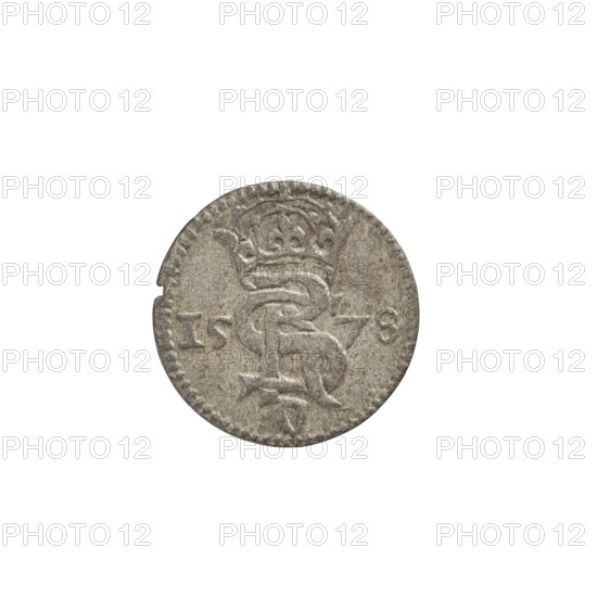 2 denarii, Gotard Kettler (Duke of Courland and Semigallia; 1561–1587). Potocki-Pilawa, monogram under a crown (iconographic). Monograms; Kettler (coat of arms); Pogon (coat of arms); Kettlers (family); emblems. Obverse: in the rim a crowned monogram composed of the letters SR, under which the Kettler family emblem (boiler hook). On both sides of the monogram are date numerals 15-78. Reverse: in the Pogon border, below the value number II, 1578. Duchy of Courland and Semigallia, Mitawa; coin; weight 0.57 g