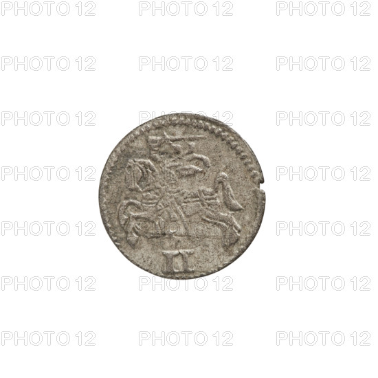 2 denarii, Gotard Kettler (Duke of Courland and Semigallia; 1561–1587). Obverse: in the rim a crowned monogram composed of the letters SR, under which the Kettler family emblem (boiler hook); on both sides of the monogram are date numerals 15–78. Reverse: in the Pogon border, below the value number II, 1578. Kettler coat of arms, Pogon coat of arms, monograms, emblems. Duchy of Courland and Semigallia, Mitawa; coin, weight 0.57 g.