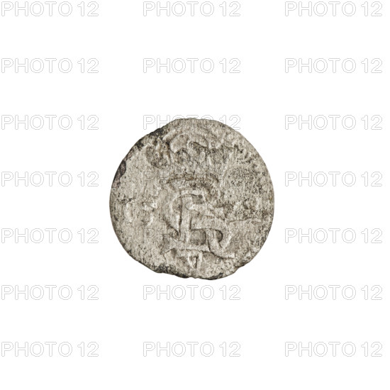 2 denarii, Gotard Kettler (Duke of Courland and Semigallia; 1561–1587), Kettler family, monogram under a crown, Kettler coat of arms (cauldron hook), monograms, Pursuer coat of arms, emblems. Obverse: in the rim a crowned monogram composed of the letters SR, beneath which is Kettler's family emblem (a cauldron hook); date numerals 15–79 on both sides of the monogram. Reverse: in the rim Pursuer, below the value number II, 1579. Duchy of Courland and Semigallia, Mitawa. Coin; weight 0.39 g.