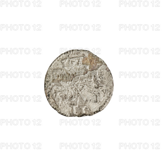 2 denarii, Gotard Kettler (Duke of Courland and Semigallia; 1561–1587), Kettlers (family). Obverse: in the rim a crowned monogram composed of the letters SR, beneath which is Kettler's family emblem (a cauldron hook); on both sides of the monogram are date numerals 15-79. Reverse: in the rim 'Pursuer,' below the value number II, 1579. Duchy of Courland and Semigallia, Mitawa. Coin; weight 0.39 g.