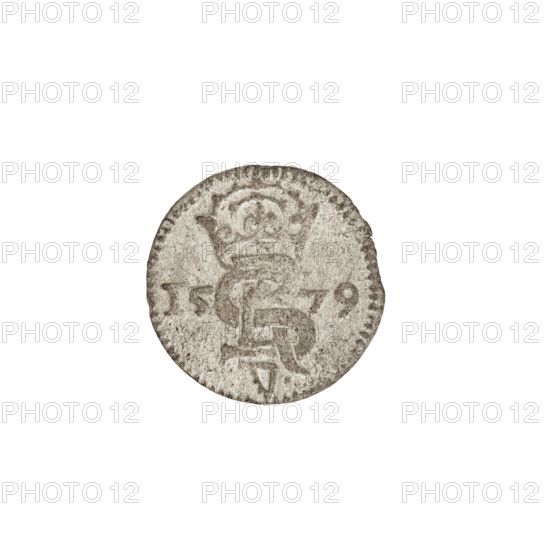 2 denarii, Gotard Kettler (Duke of Courland and Semigallia; 1561–1587), monogram under a crown, Kettler family emblem (cauldron hook), Kettler coat of arms, monograms, Pursuer coat of arms, emblems. Obverse: in the rim a crowned monogram composed of the letters S R, beneath which is the Kettler family emblem; date numerals 15–79 on both sides of the monogram. Reverse: in the rim 'Pursuer', below the value number II, 1579. Duchy of Courland and Semigallia, Mitawa; coin; weight 0.38 g.