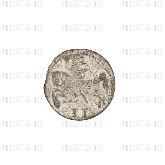 2 denarii, Gotard Kettler (Duke of Courland and Semigallia; 1561–1587). Obverse: in the rim a crowned monogram composed of the letters SR, beneath which is the Kettler family emblem (cauldron hook); date numerals 15–79 on either side of the monogram. Reverse: in the rim Pursuer, below the value number II, 1579. Duchy of Courland and Semigallia, Mitawa; coin; weight 0.38 g.