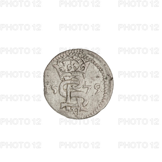 2 denarii, Gotard Kettler (Duke of Courland and Semigallia; 1561–1587), Kettlers (family), monogram under a crown (iconographic), Kettler (coat of arms), Pogon (coat of arms), monograms, emblems. Obv. In the border a crowned monogram composed of the letters SR, beneath which is Kettler's family emblem (a cauldron hook). On both sides of the monogram are date numerals 15–79. Rev. In the border Pogon, below the value number II, 1579. Duchy of Courland and Semigallia, Mitawa; coin, weight 0.68 g.
