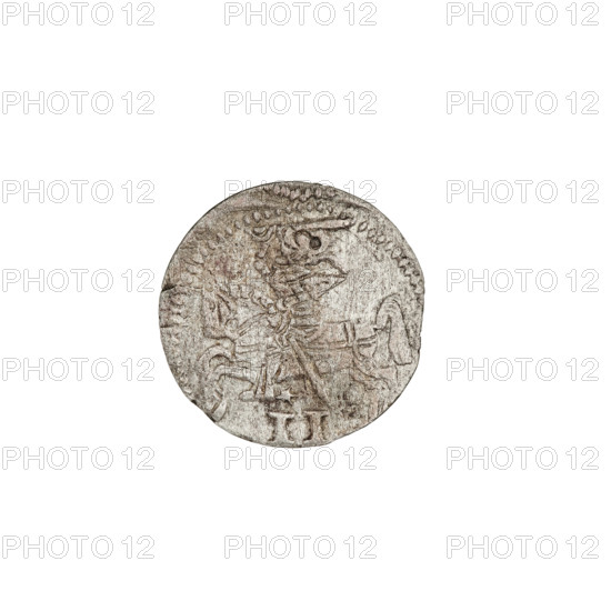 2 denarii, Gotard Kettler (Duke of Courland and Semigallia; 1561–1587), Kettler family, monogram under a crown (iconographic), Kettler coat of arms, Pogon coat of arms, monograms, emblems. Obverse: in the border a crowned monogram composed of the letters SR, beneath which is Kettler's family emblem (a cauldron hook); on both sides of the monogram are date numerals 15-79. Reverse: in the border Pogon, below the value number II, 1579. Duchy of Courland and Semigallia, Mitawa; coin weight 0.68 g.