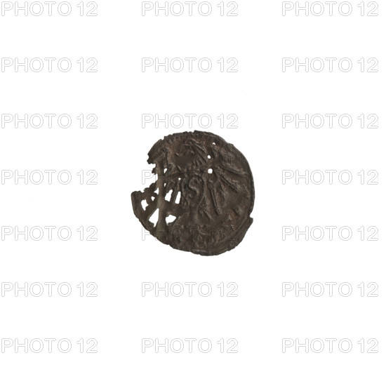 denarius; Wille, Albrecht (fl. 1520-?), publisher; Straub (Strawb), Heinrich, publisher; Decjusz, Jost Ludwik (fl. 1528-1535); Pinczów–Wierciszów (Swietokrzyskie Voivodeship; 1969–1971) removed; Albrecht Hohenzollern (Prince of Prussia; 1490–1568); eagles; rosettes; Hohenzollern (coat of arms). Obverse: in the beaded border, the letter A beneath the Hohenzollern heraldic shield; one rosette on both sides of and above the letter. Reverse: in the beaded border, a Prussian eagle bearing on its chest a crowned shield with the letter S. Date: 1529–1531. Place: Königsberg, Ducal Prussia (1525–1701). Object: coin; diameter 13.5 mm; weight 0.20 g; axis 60°.